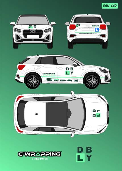 Marquage publicitaire complet sur Audi Q2 et remorque d’auto-école pour une visibilité professionnelle durable à 2114 Fleurier