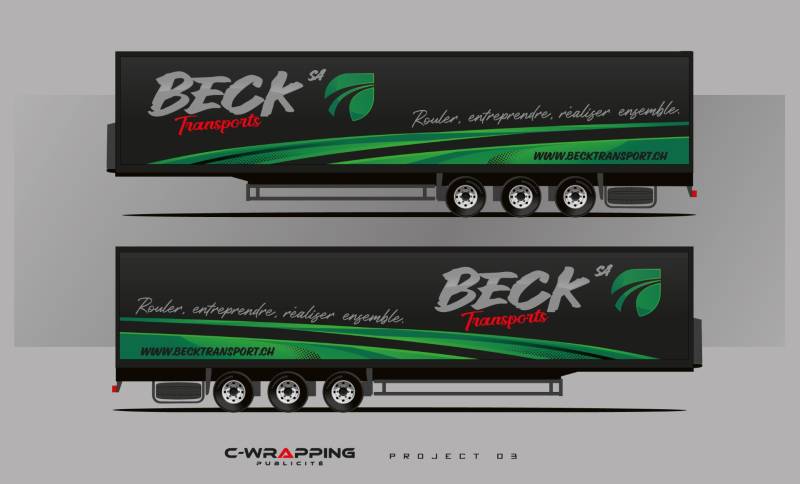 Publicité sur semi-remorques en autocollant avec graphisme sur mesure à Neuchâtel pour Beck Transport