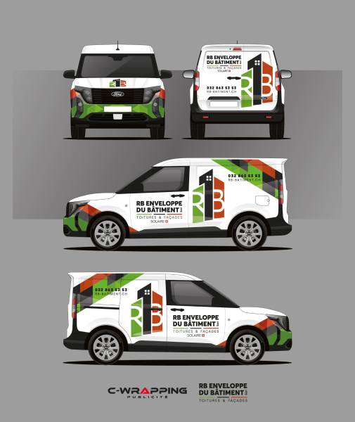 Marquage publicitaire des véhicules de RB Enveloppe du Bâtiment à Couvet – Design sur mesure